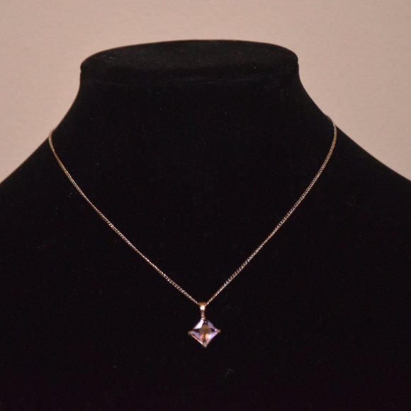Necklace Pendant Chain Metal Gem Stone Purple Transparent Square Faceted 1/3' - Picture 1 of 3